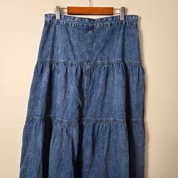 KanCan Size L Thalia Denim Tiered Maxi Skirt Dark Wash Zip-Fly Cottagcore - Picture 6 of 13